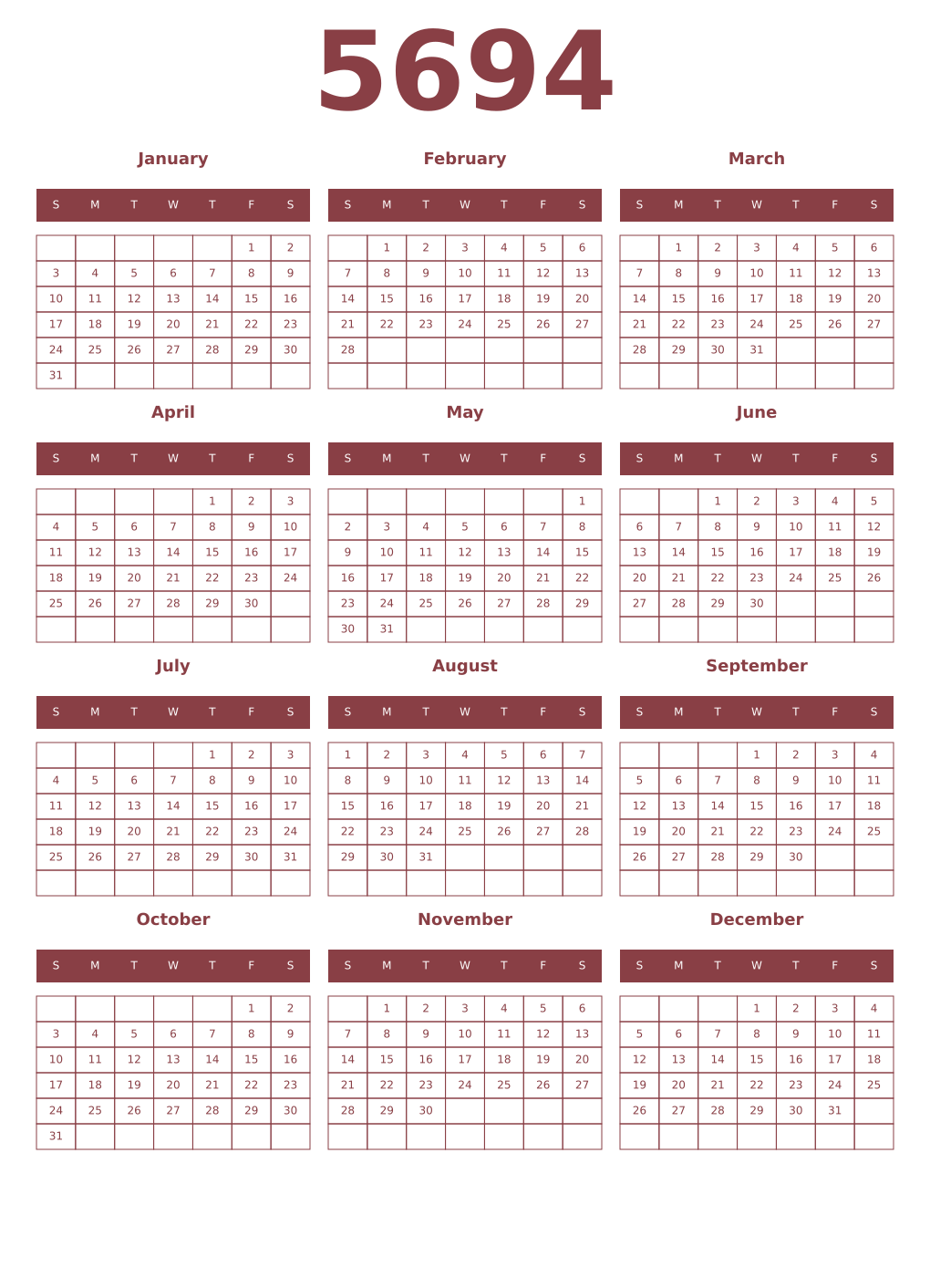 Printable 5694 Year Calendars cordovan