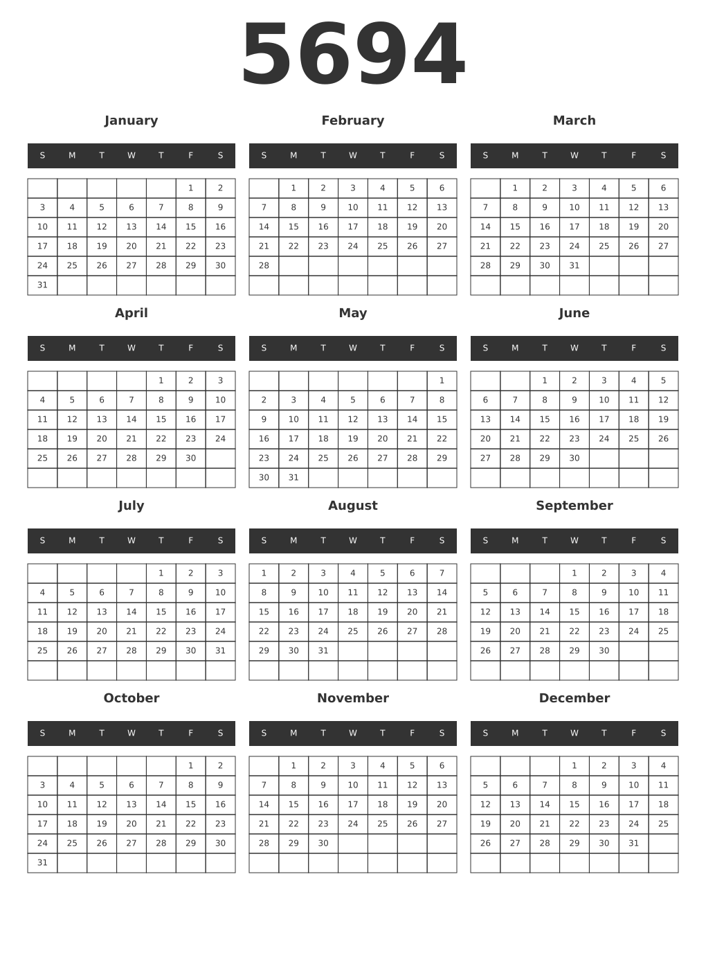 Printable 5694 Year Calendars dark