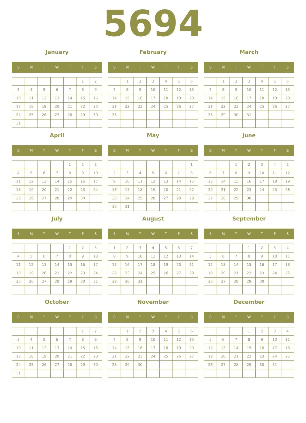 Printable 5694 Year Calendars eburnean