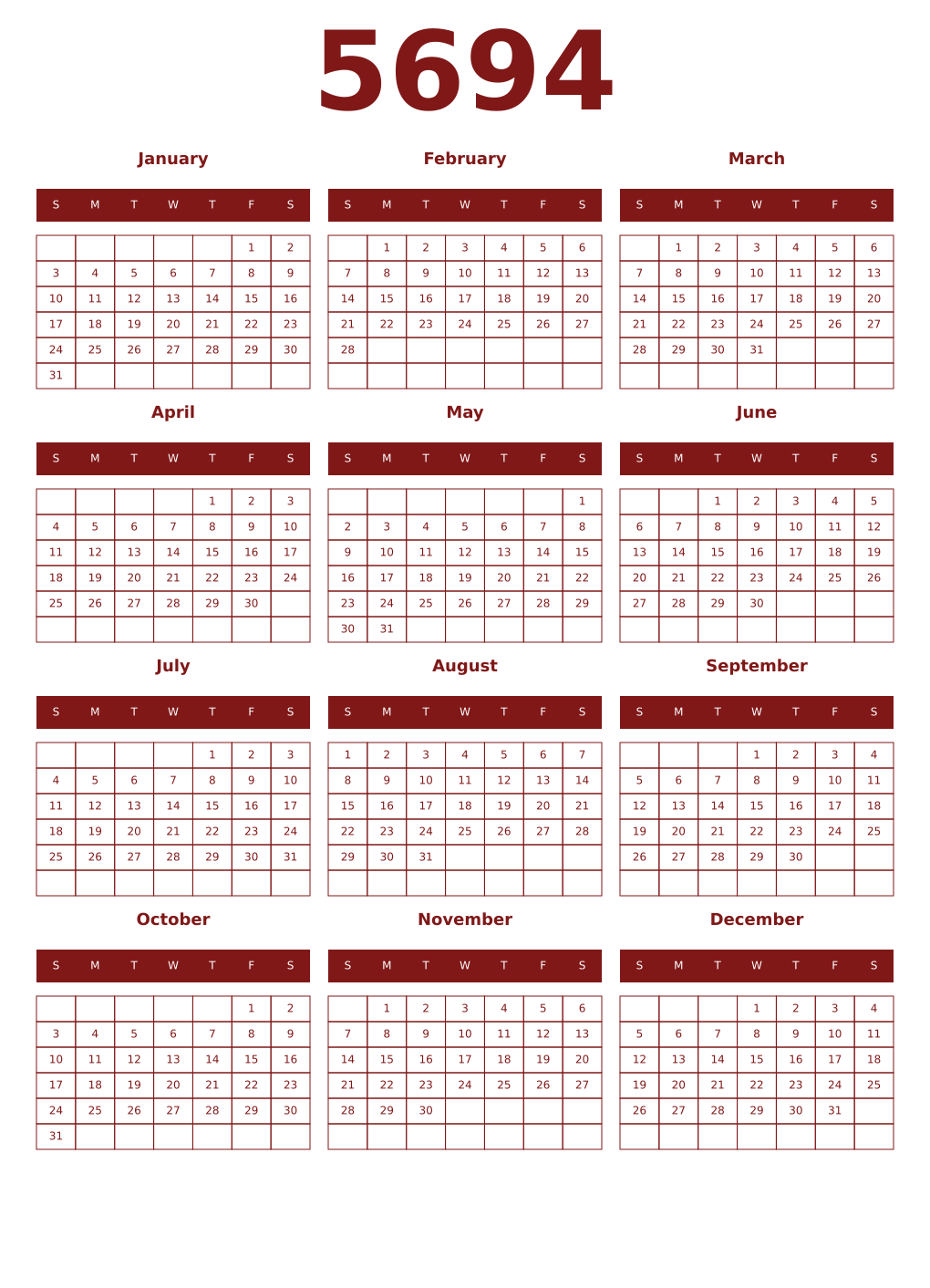 Printable 5694 Year Calendars falu