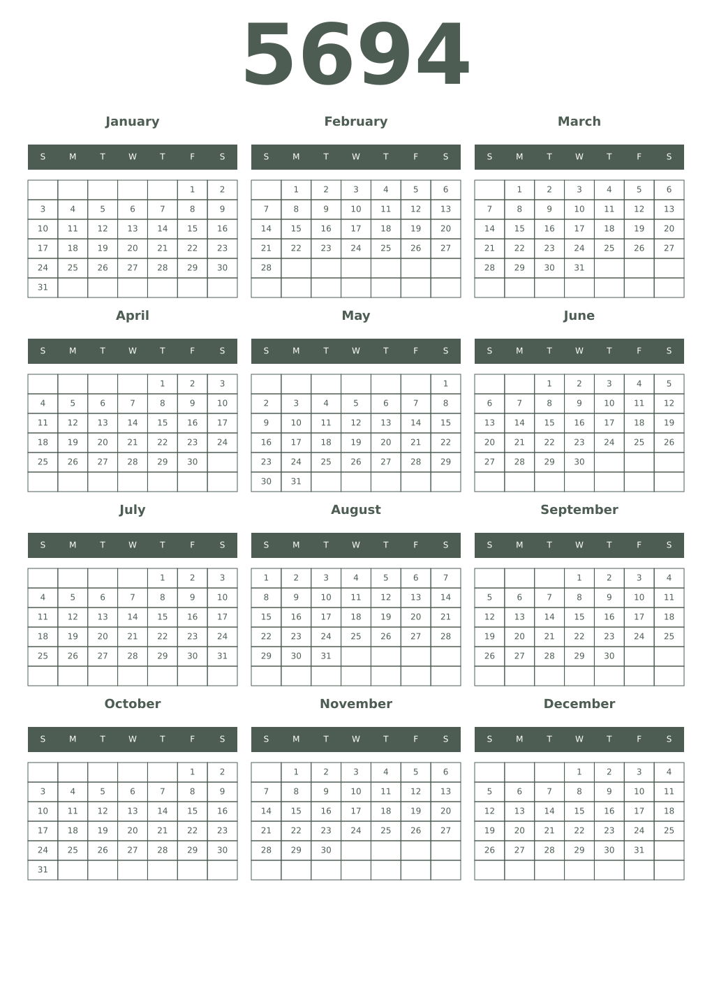 Printable 5694 Year Calendars feldgrau