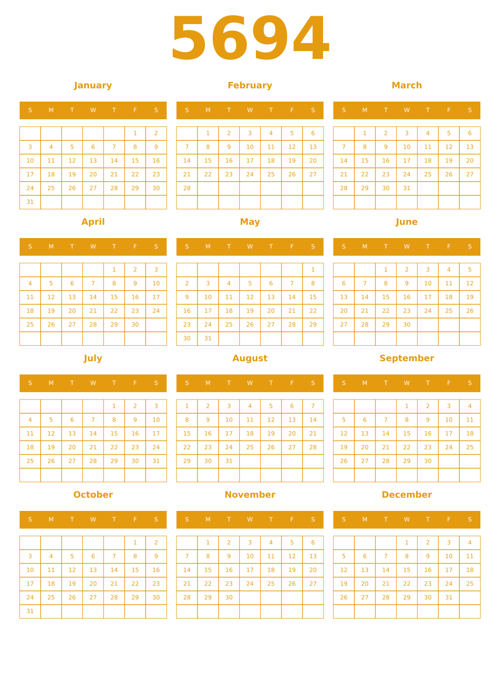 Printable 5694 Year Calendars gamboge