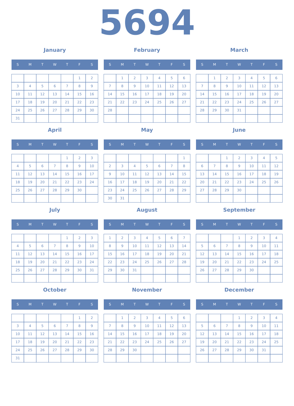 Printable 5694 Year Calendars glaucous