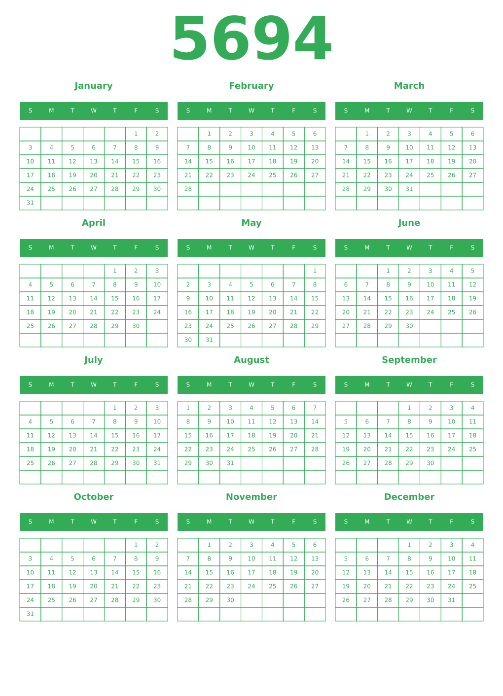 Printable 5694 Year Calendars green