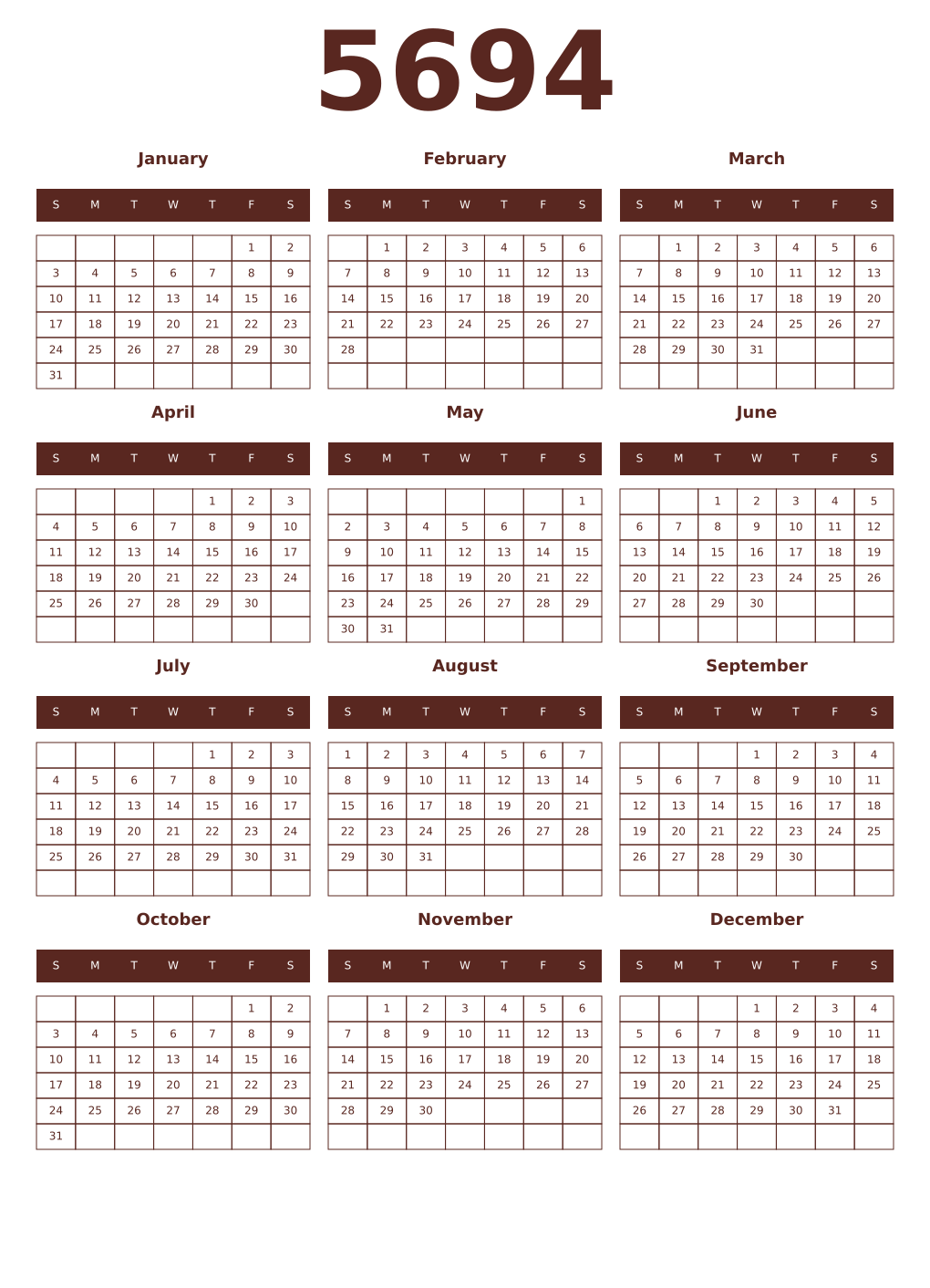 Printable 5694 Year Calendars mortuum