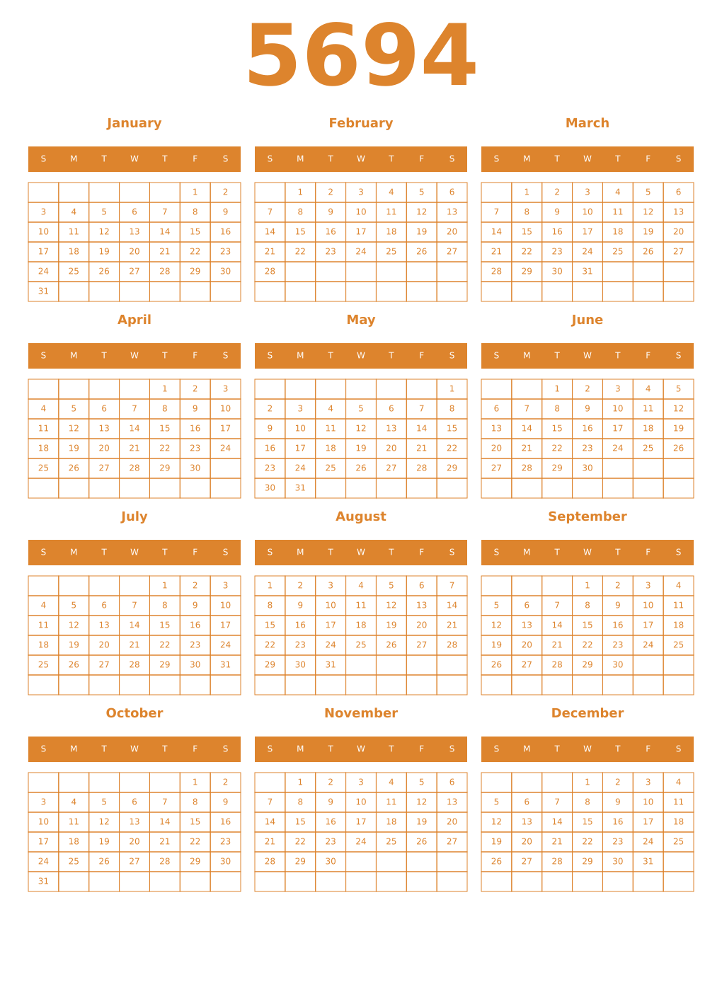 Printable 5694 Year Calendars orange