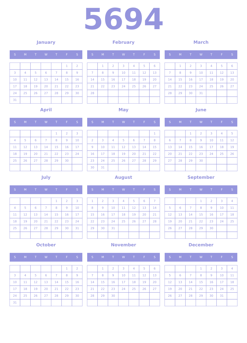 Printable 5694 Year Calendars periwinkle