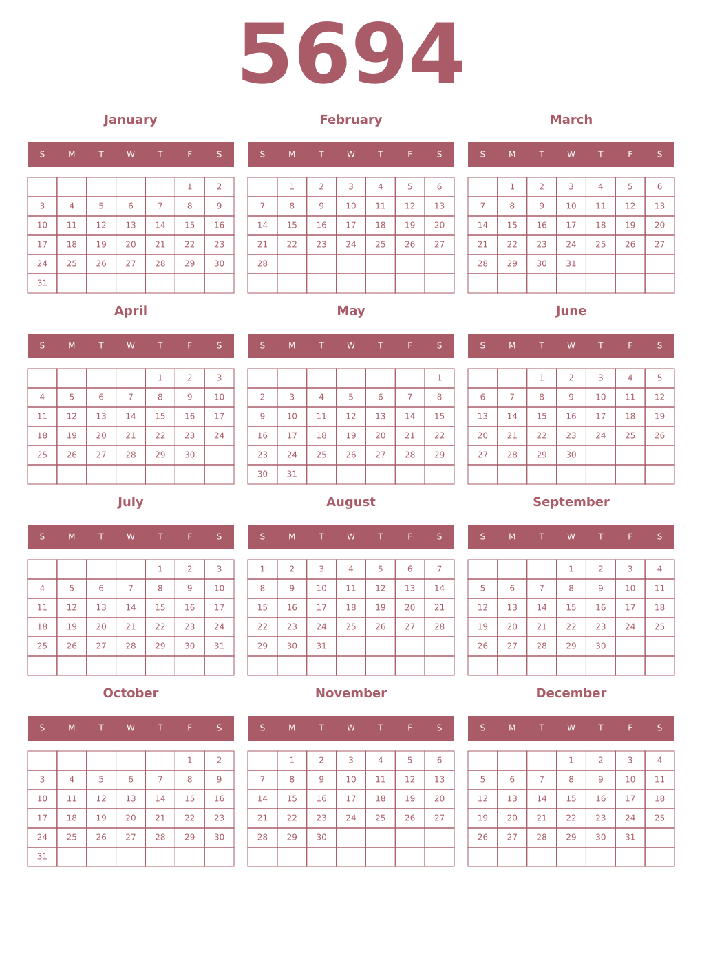Printable 5694 Year Calendars puce