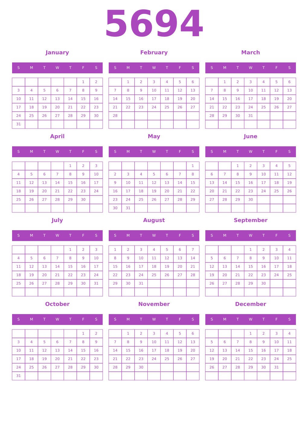 Printable 5694 Year Calendars purple