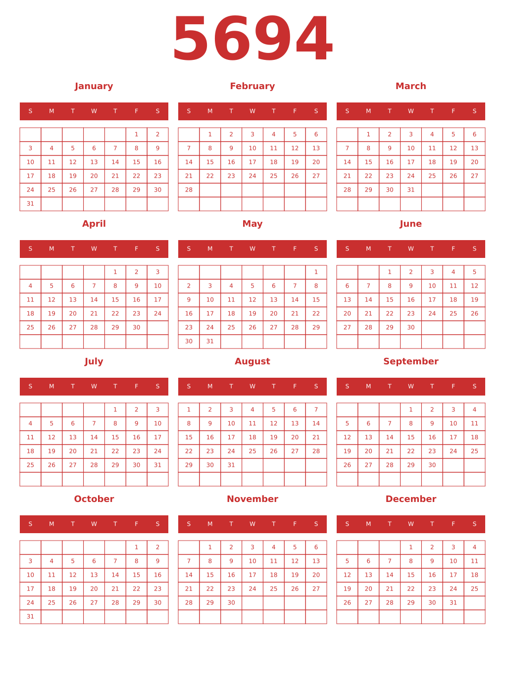 Printable 5694 Year Calendars red