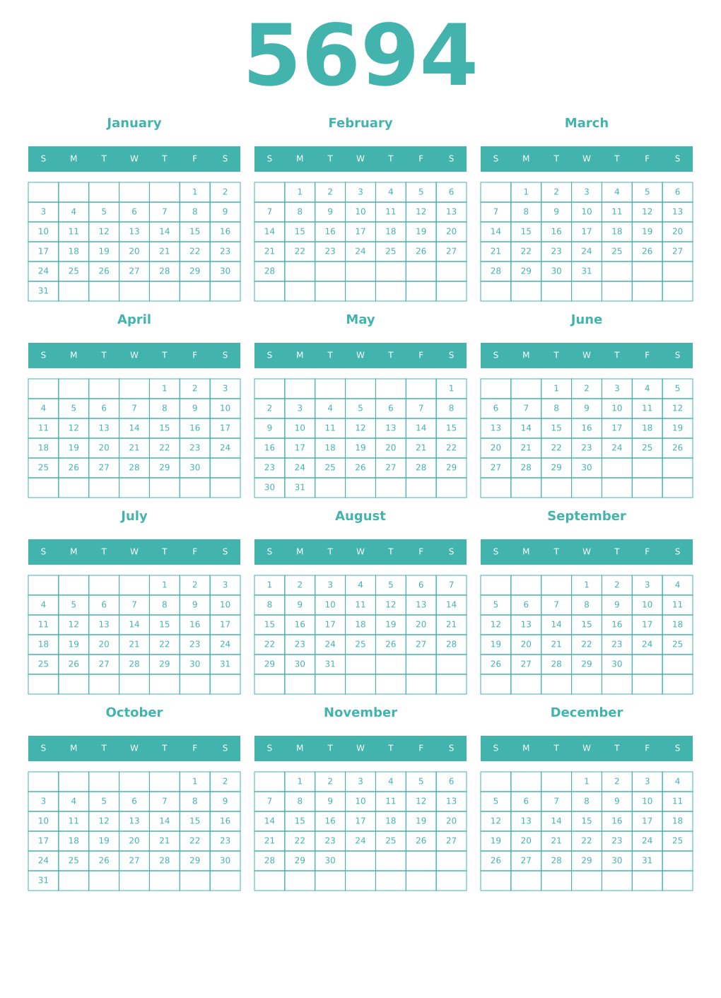 Printable 5694 Year Calendars verdigris