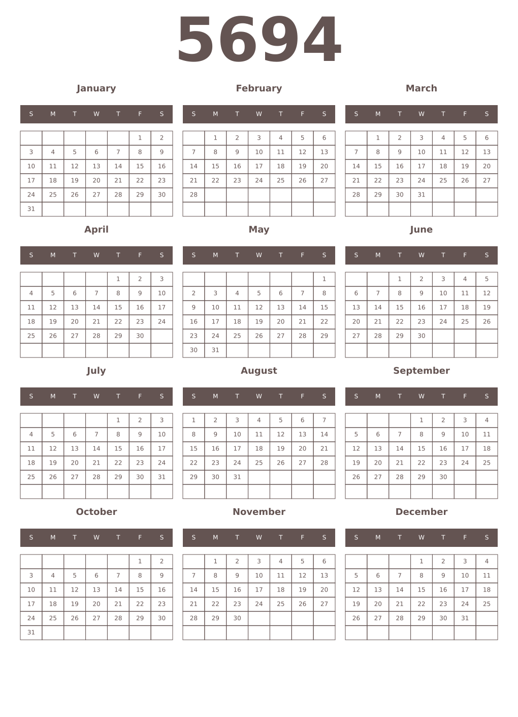 Printable 5694 Year Calendars wenge