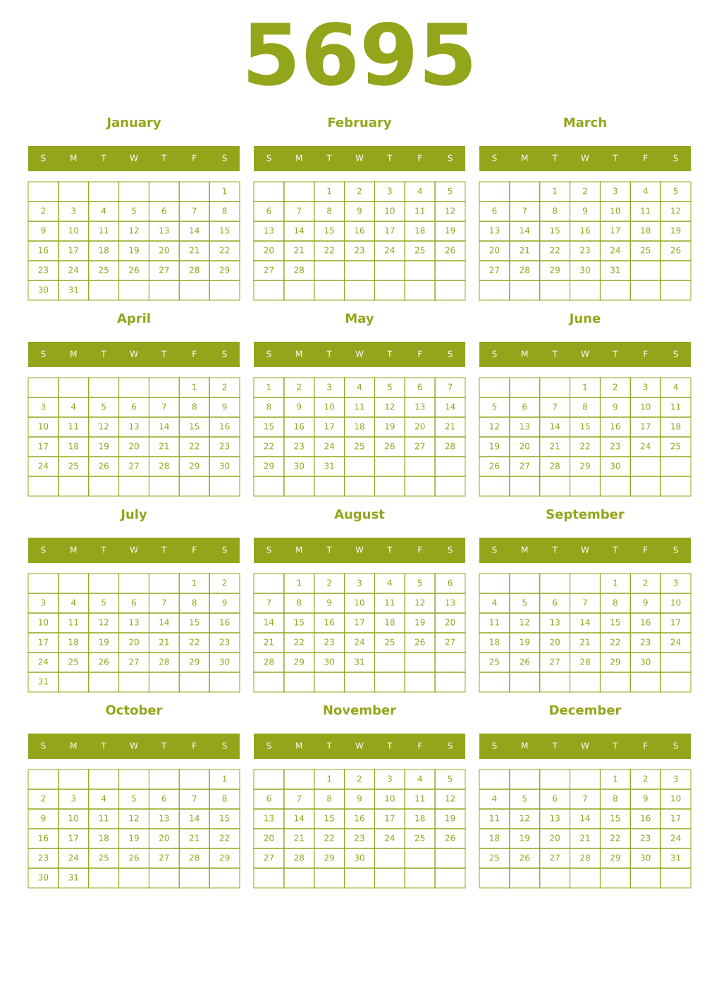 Printable 5695 Year Calendars chartreuse