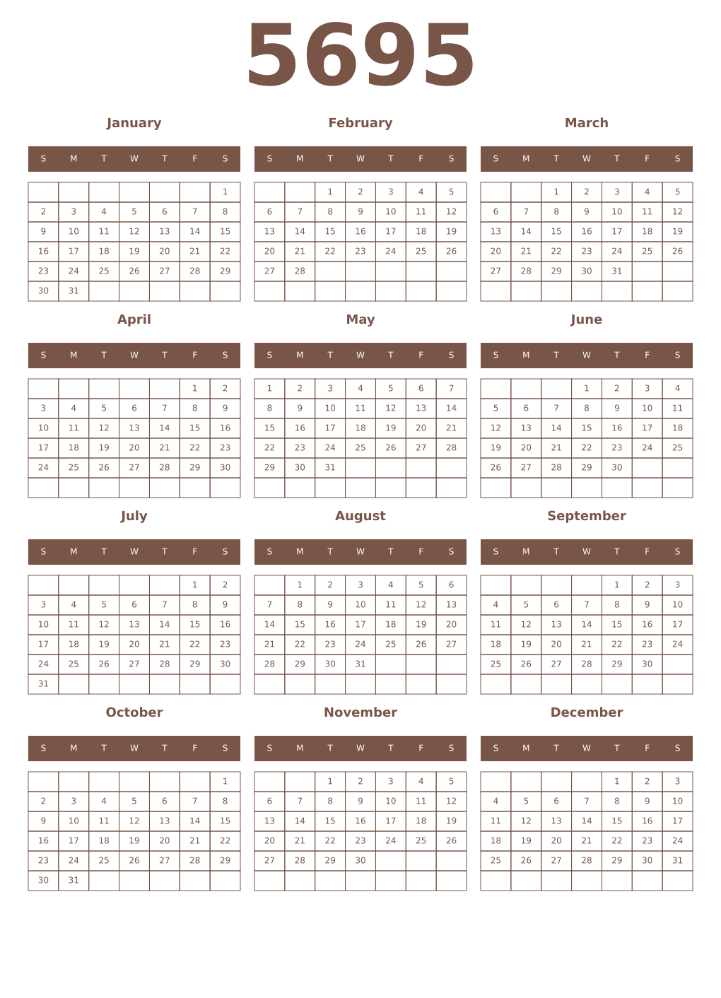 Printable 5695 Year Calendars coffe
