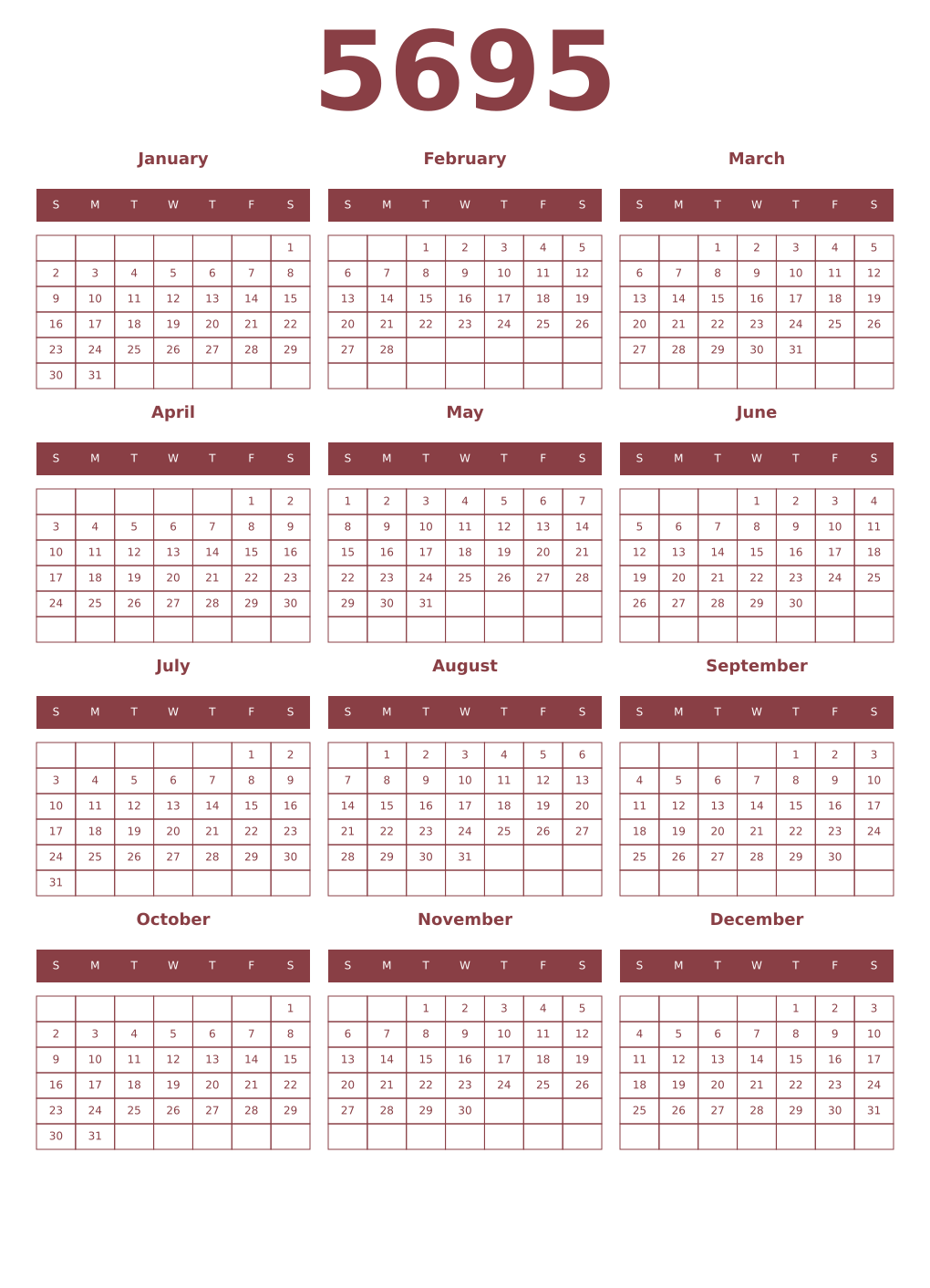 Printable 5695 Year Calendars cordovan