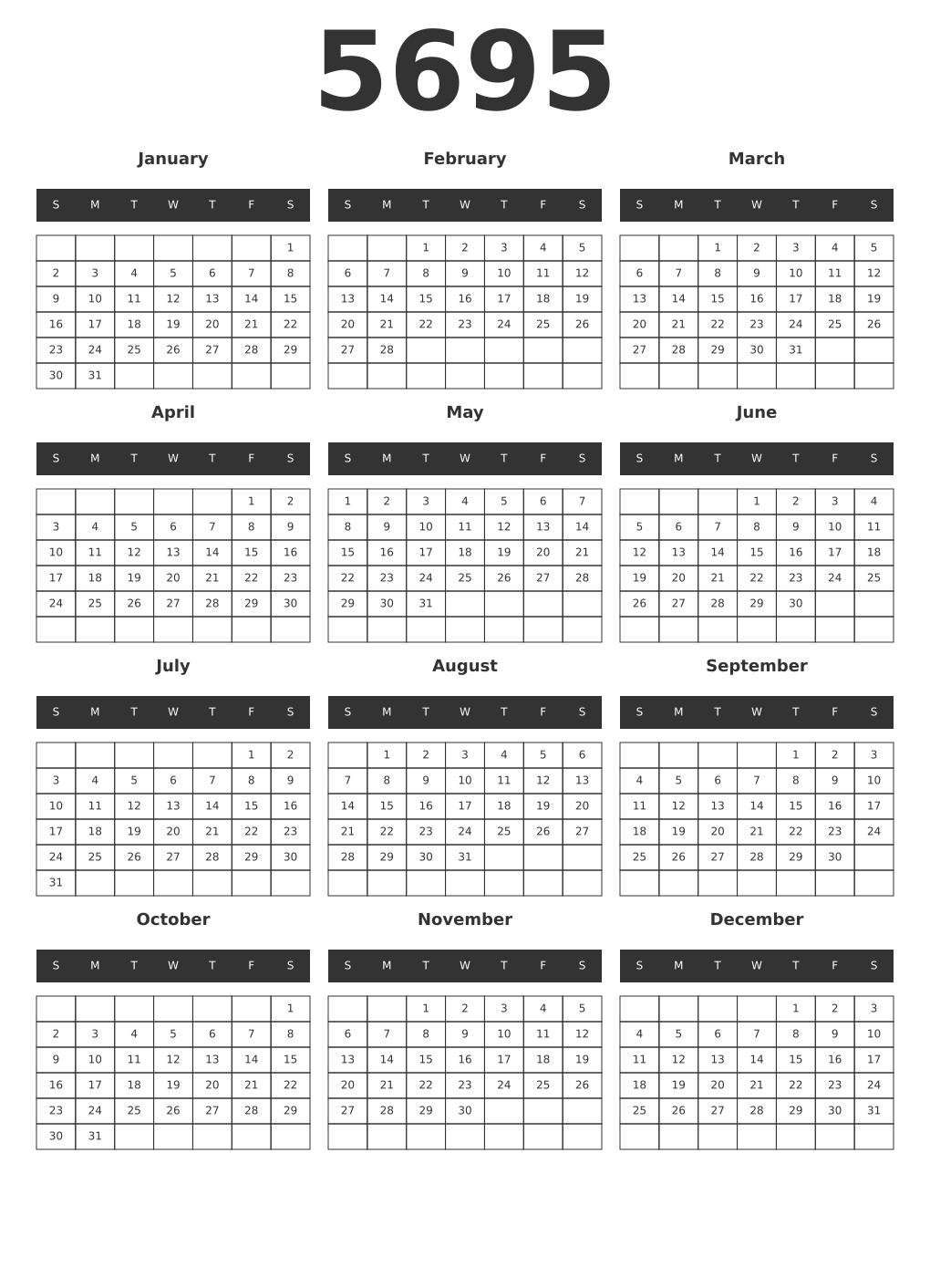 Printable 5695 Year Calendars dark