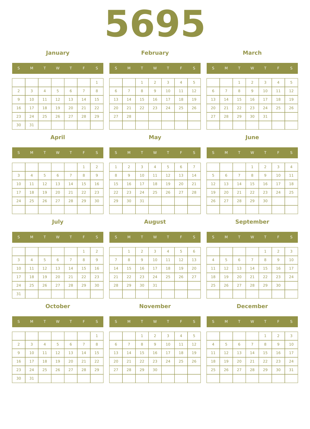 Printable 5695 Year Calendars eburnean