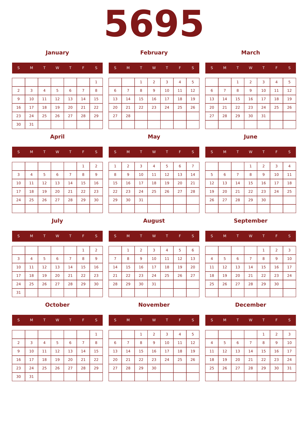 Printable 5695 Year Calendars falu