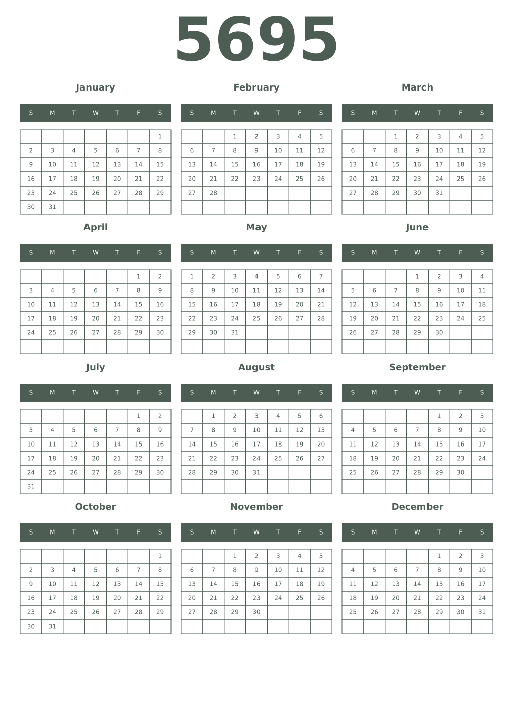 Printable 5695 Year Calendars feldgrau
