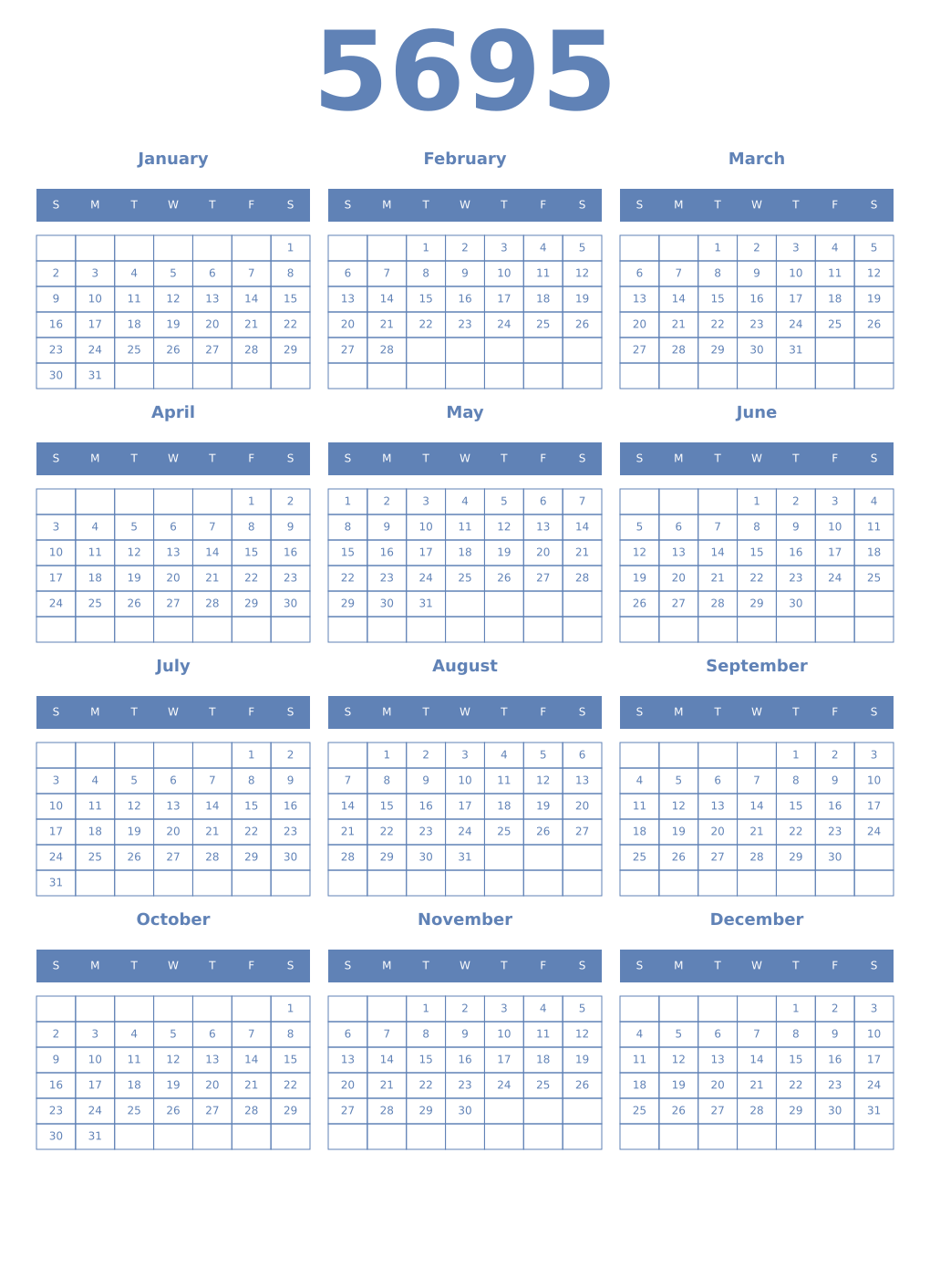 Printable 5695 Year Calendars glaucous