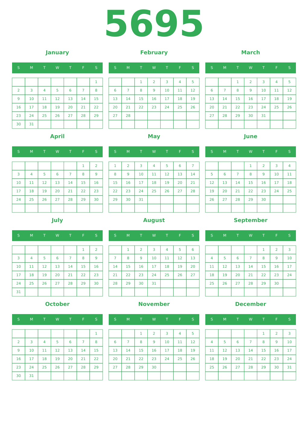 Printable 5695 Year Calendars green