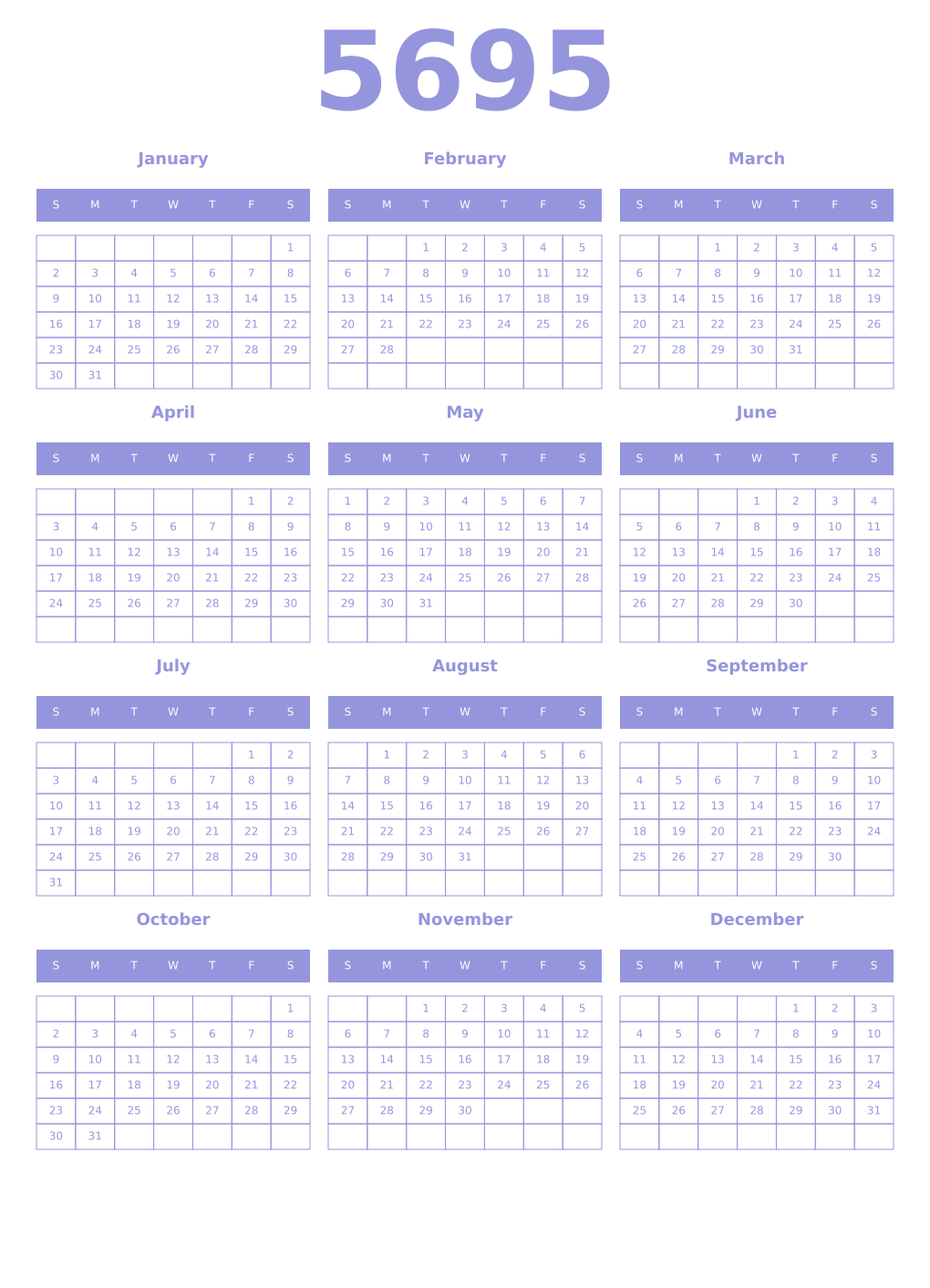 Printable 5695 Year Calendars periwinkle