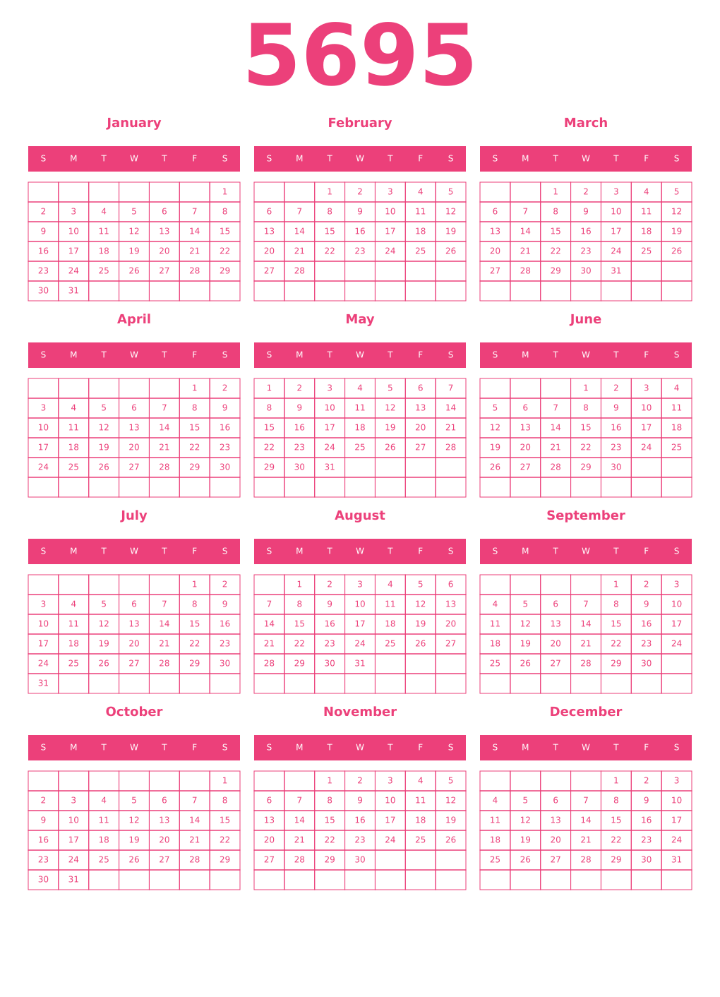 Printable 5695 Year Calendars pink
