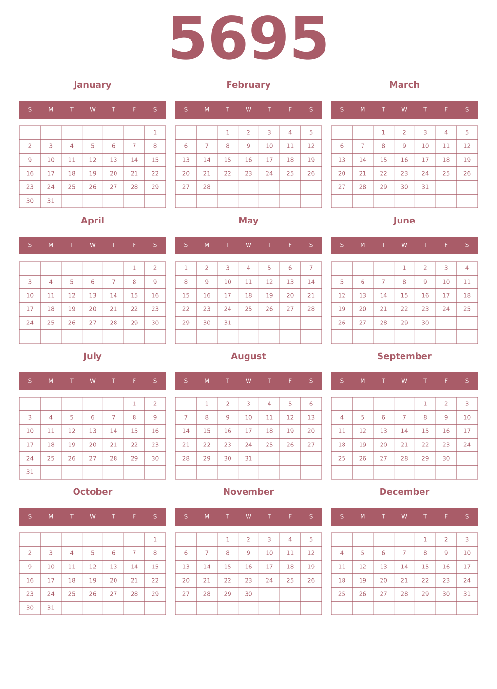 Printable 5695 Year Calendars puce