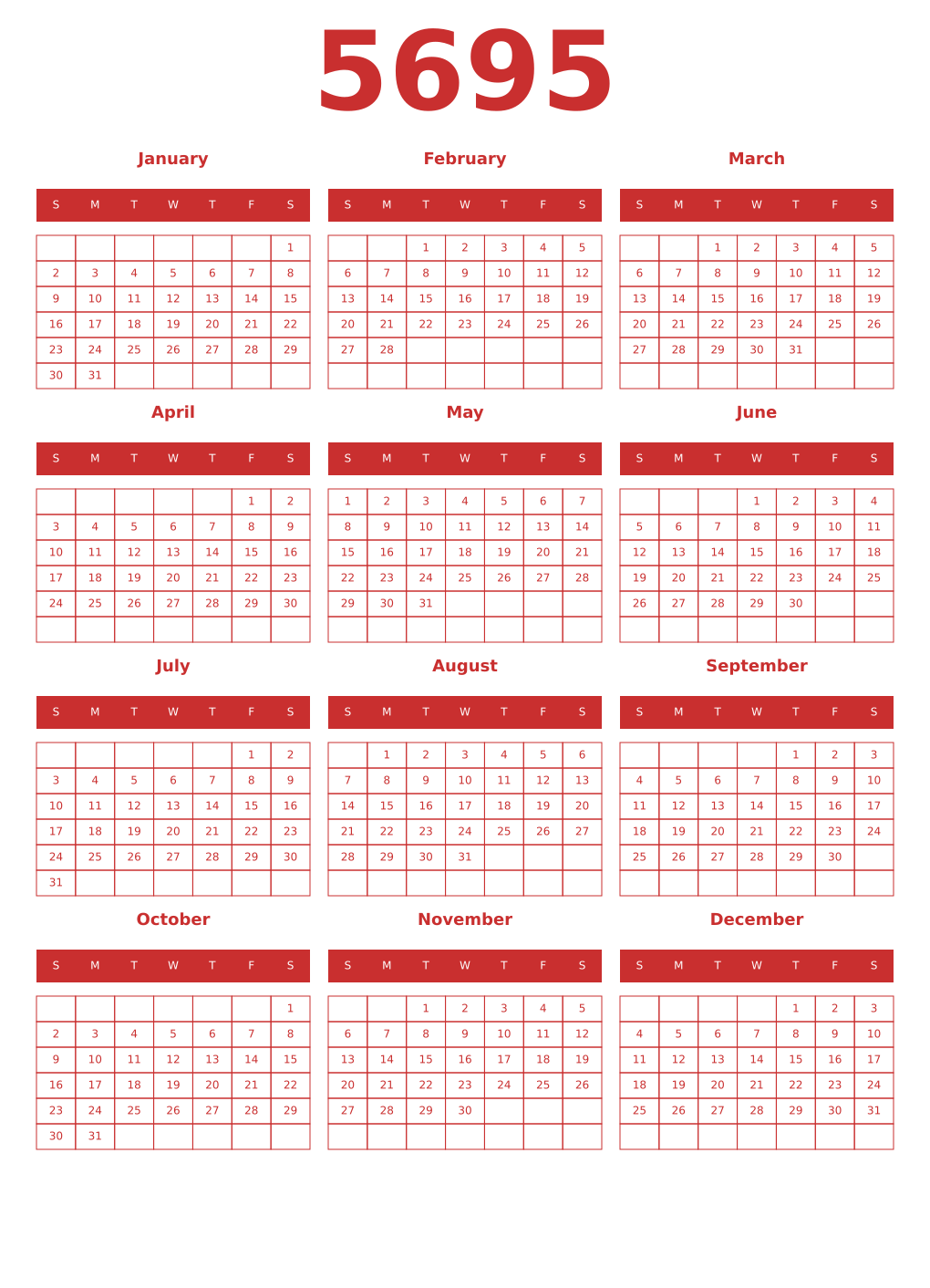 Printable 5695 Year Calendars red