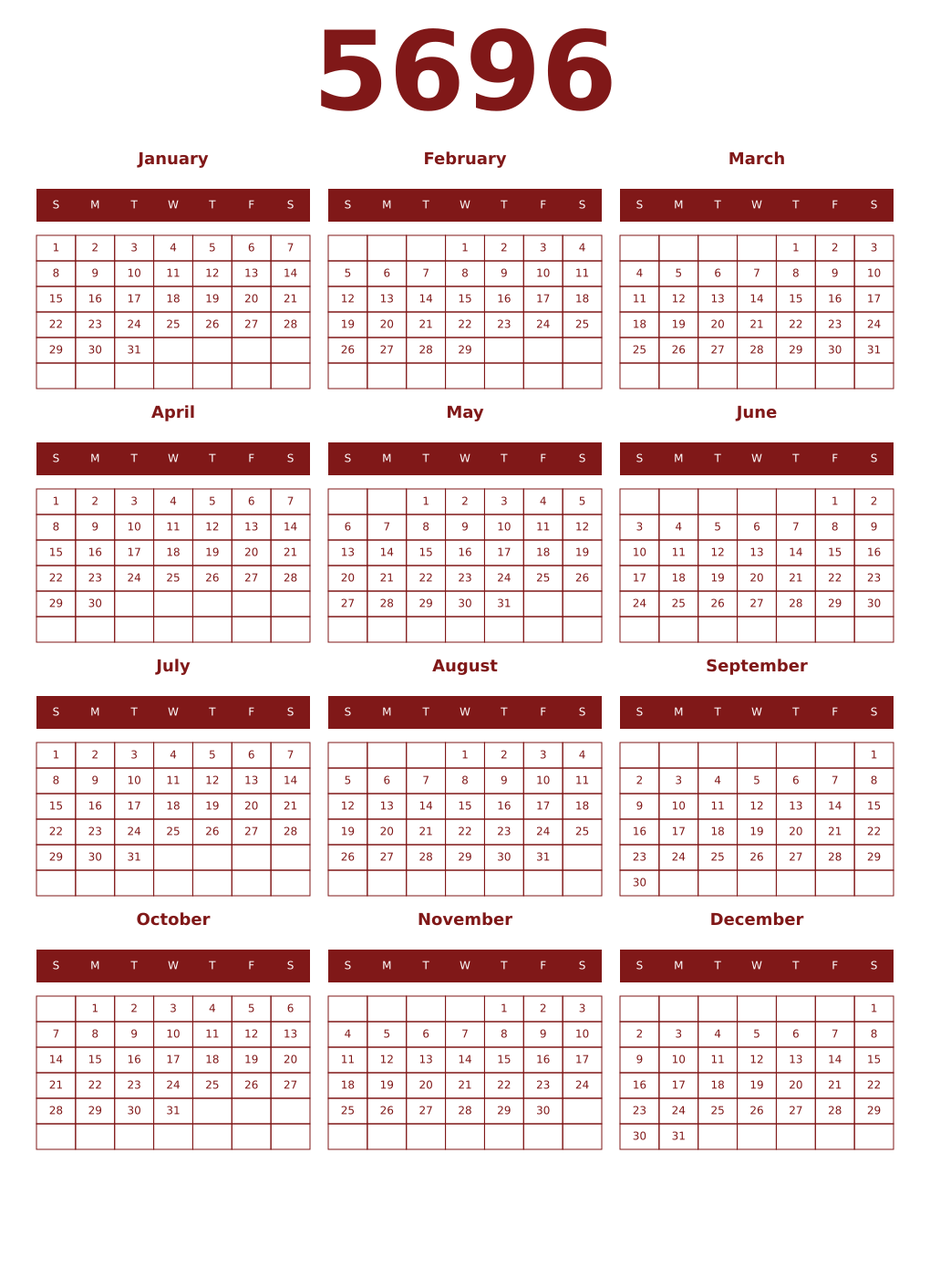 Printable 5696 Year Calendars falu