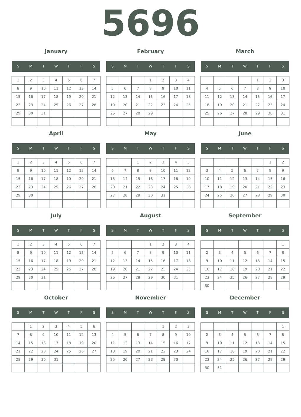 Printable 5696 Year Calendars feldgrau
