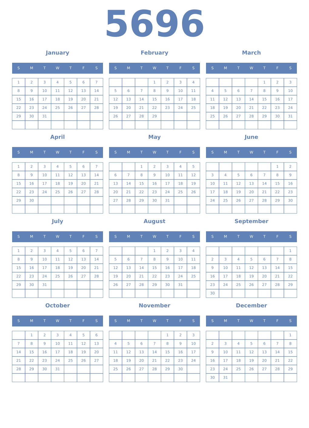 Printable 5696 Year Calendars glaucous