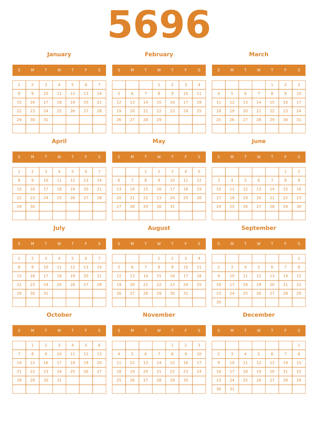 Printable 5696 Year Calendars orange