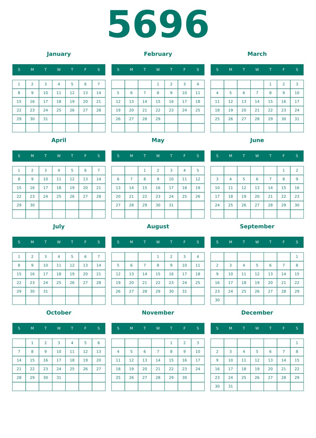 Printable 5696 Year Calendars pastel