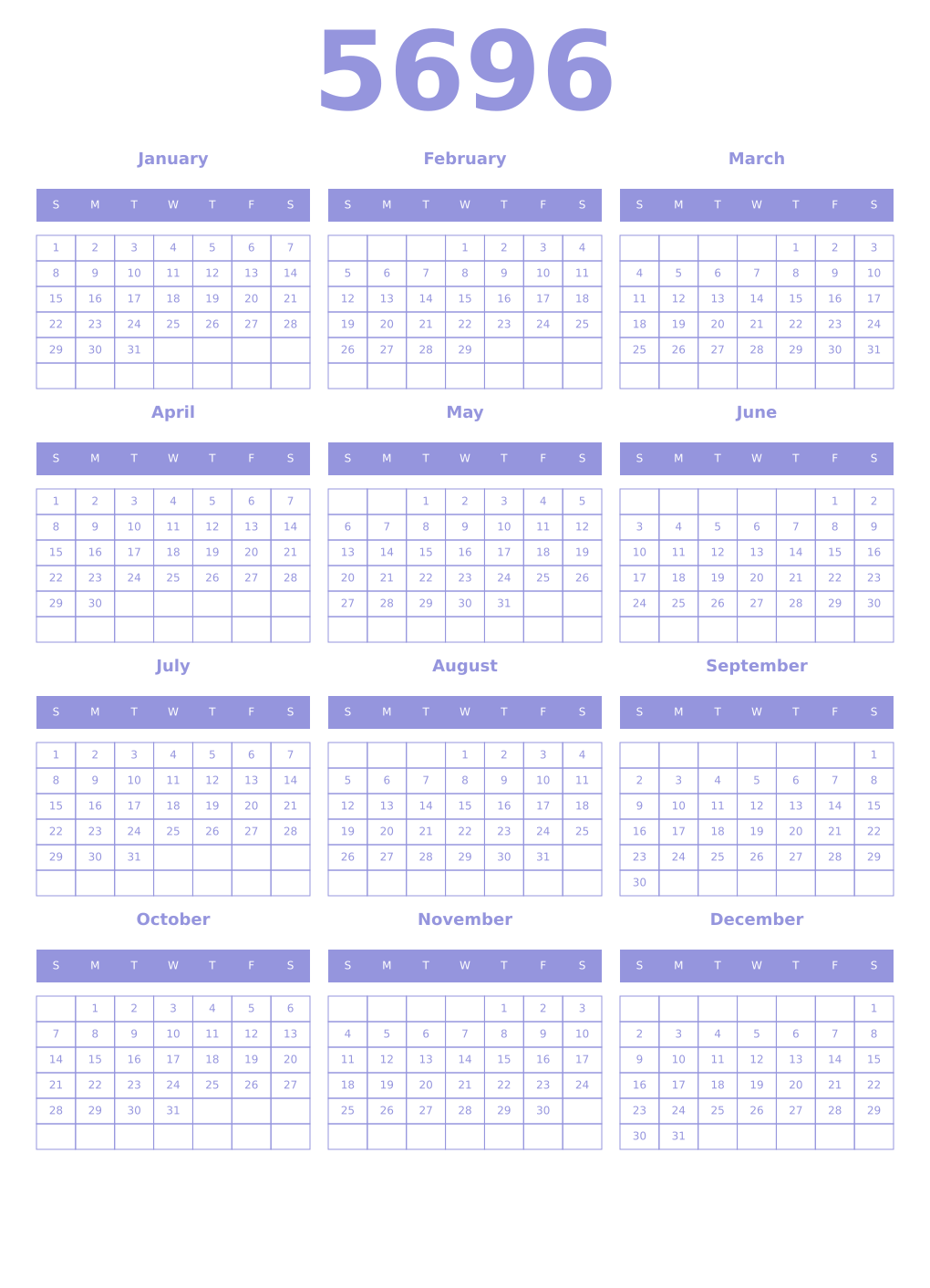 Printable 5696 Year Calendars periwinkle