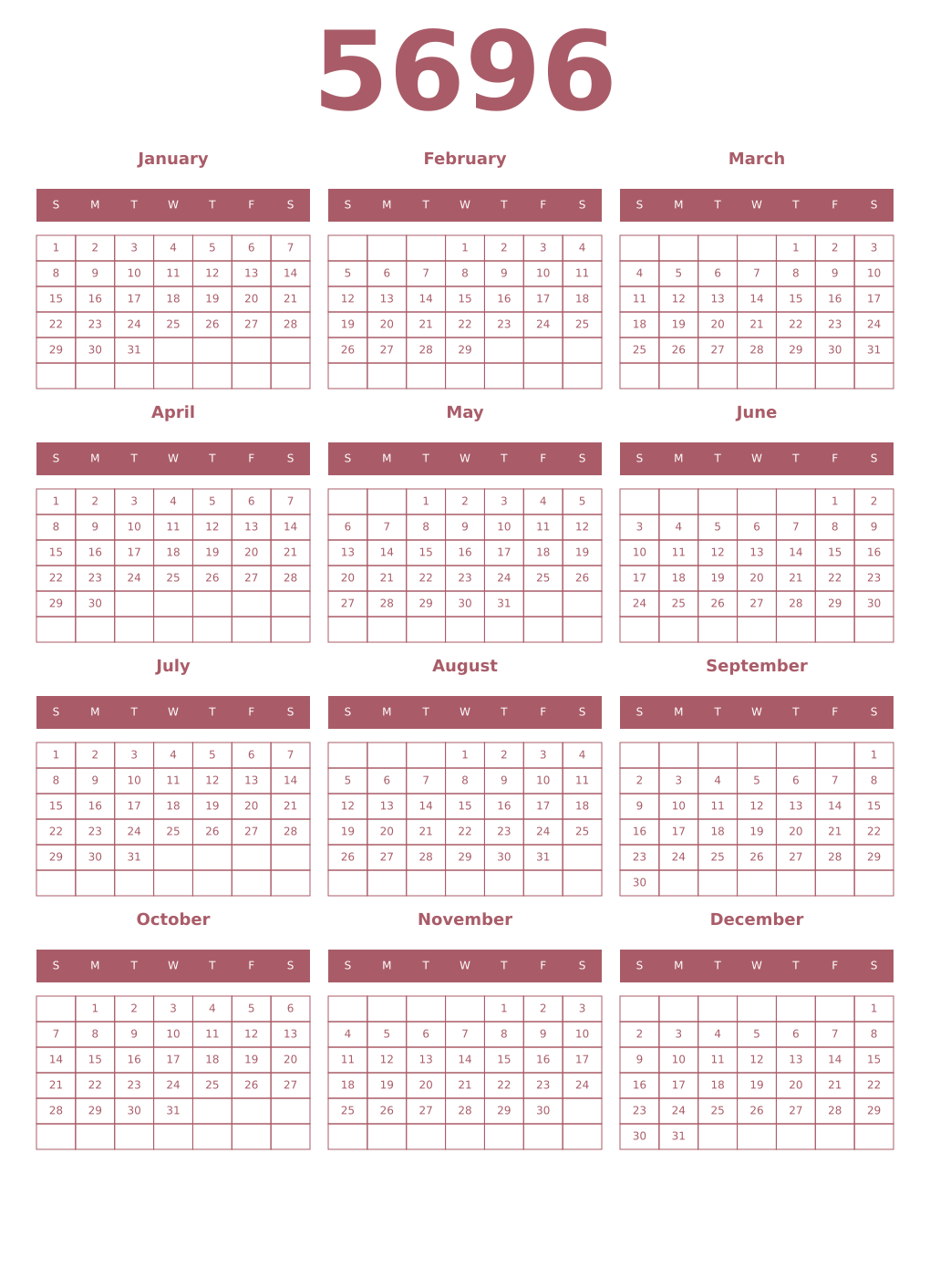 Printable 5696 Year Calendars puce