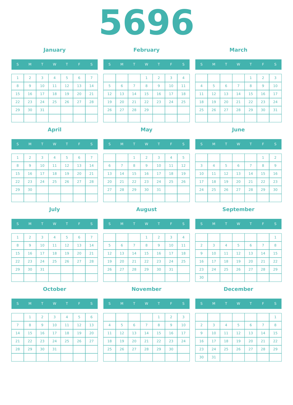 Printable 5696 Year Calendars verdigris