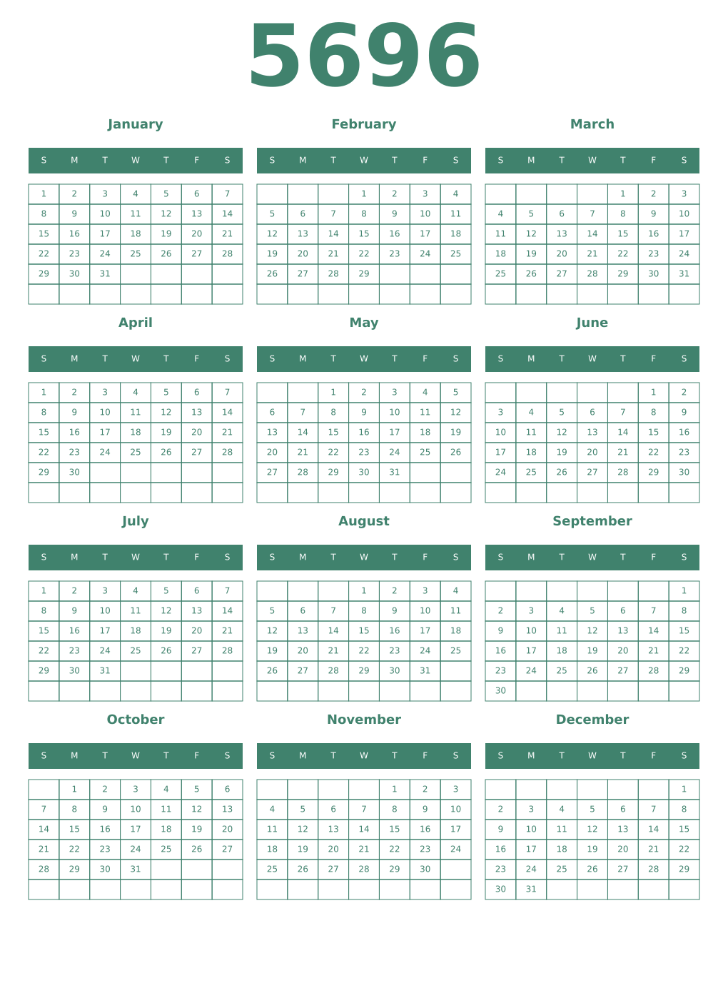 Printable 5696 Year Calendars viridian