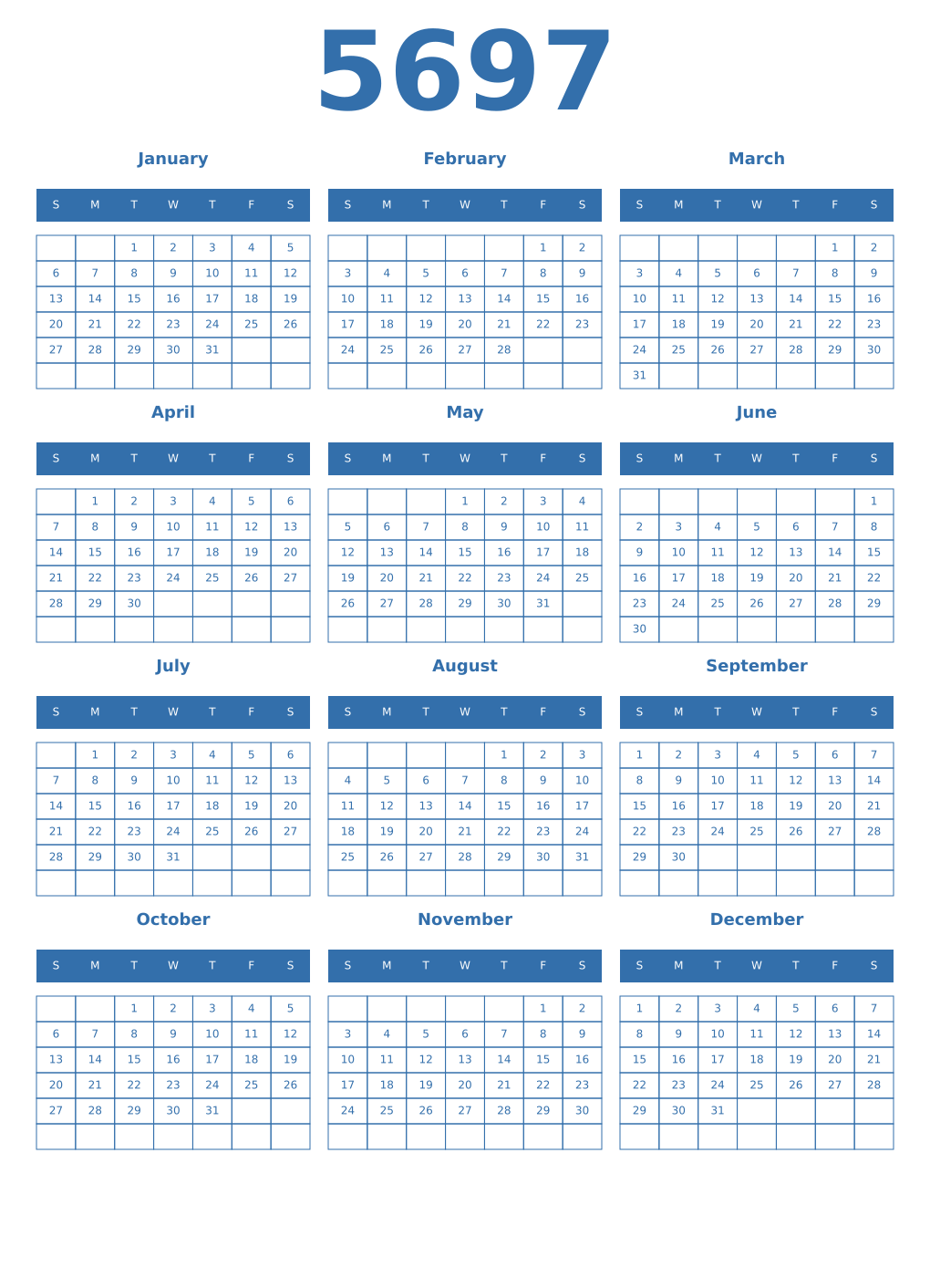 Printable 5697 Year Calendars blue