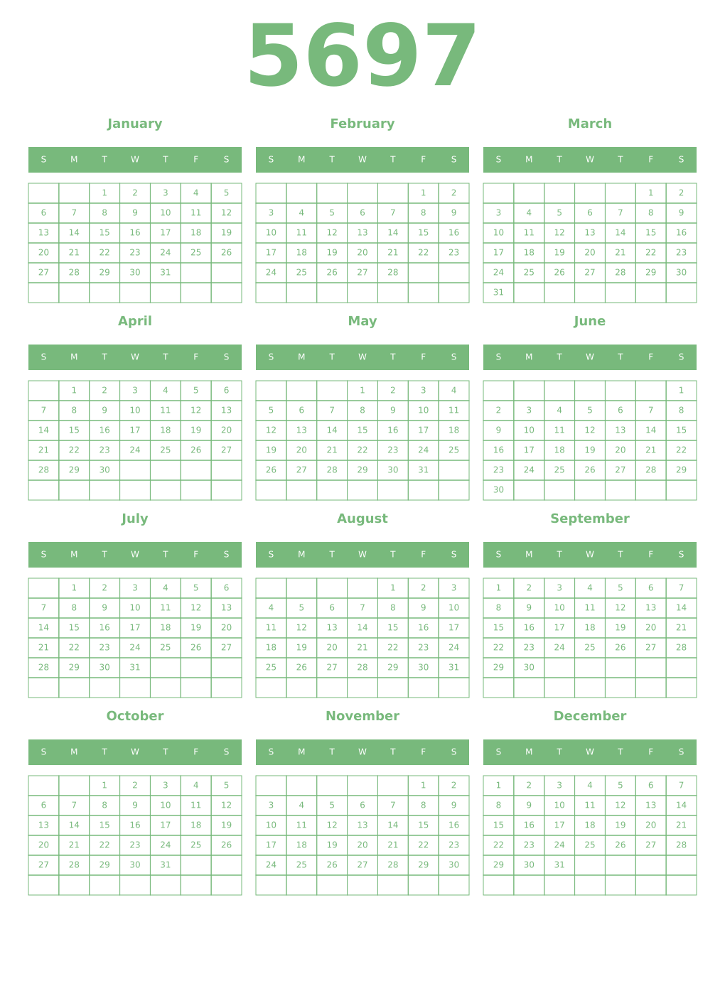 Printable 5697 Year Calendars celadon
