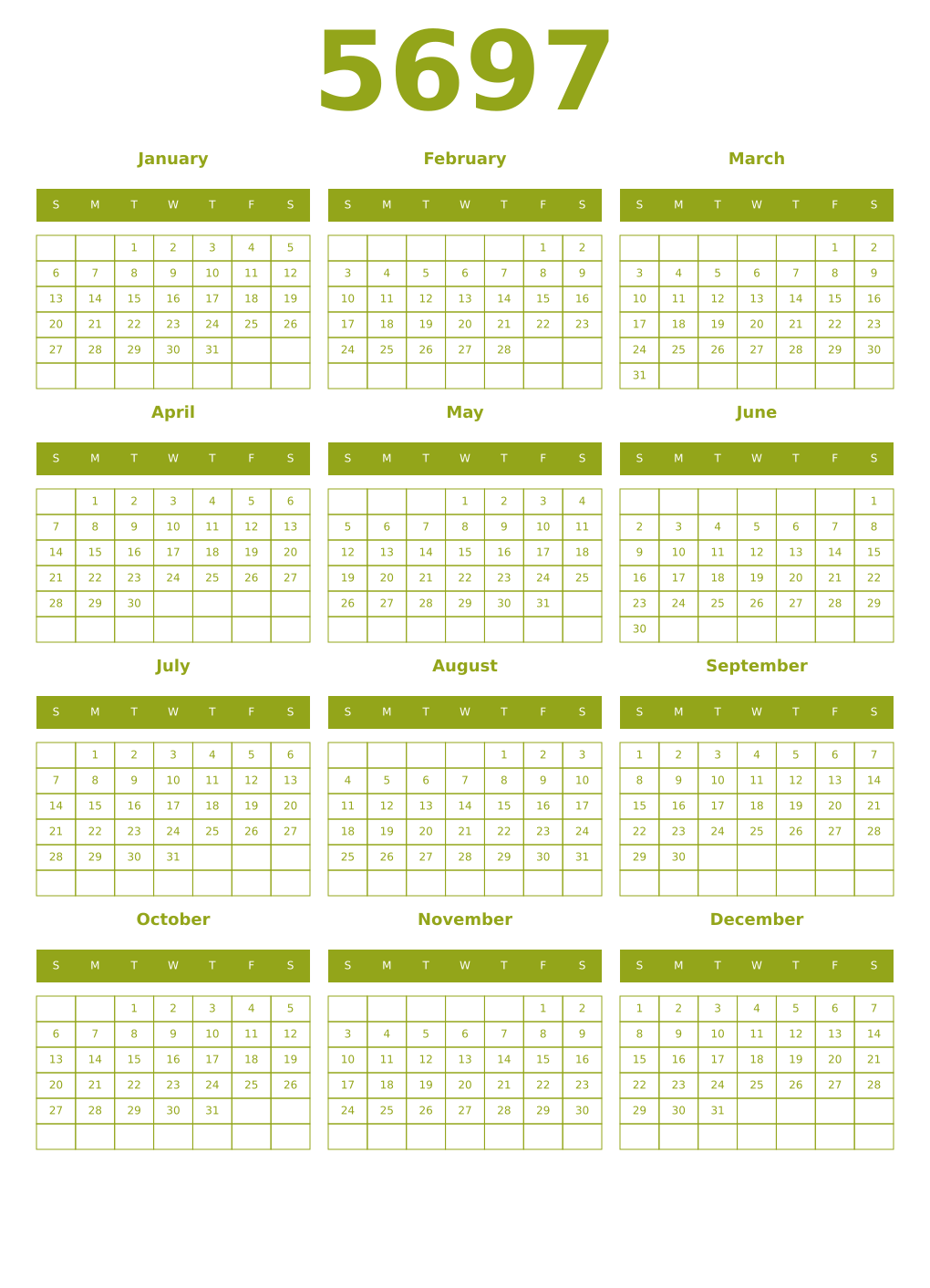 Printable 5697 Year Calendars chartreuse