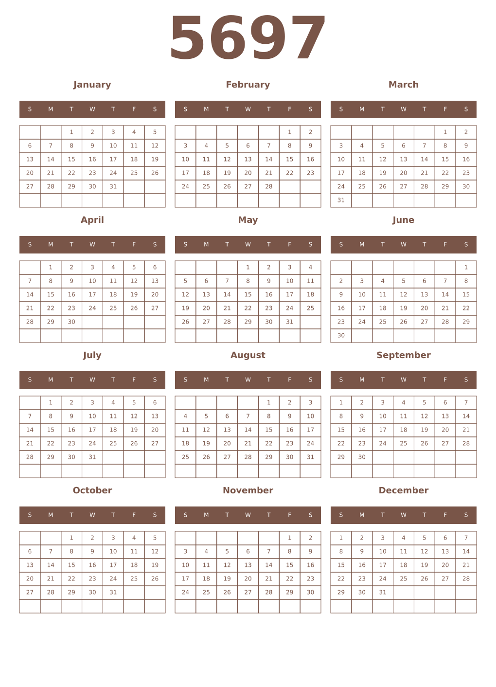 Printable 5697 Year Calendars coffe
