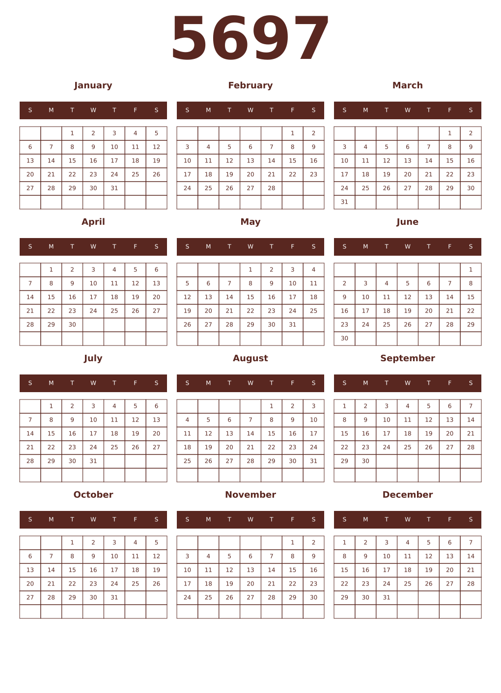 Printable 5697 Year Calendars mortuum