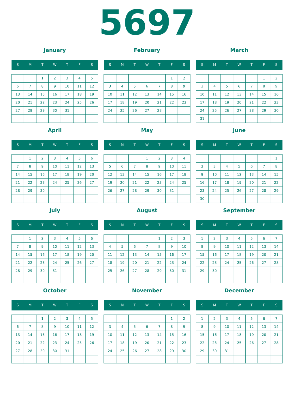 Printable 5697 Year Calendars pastel