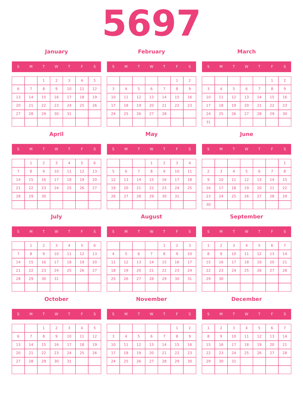 Printable 5697 Year Calendars pink
