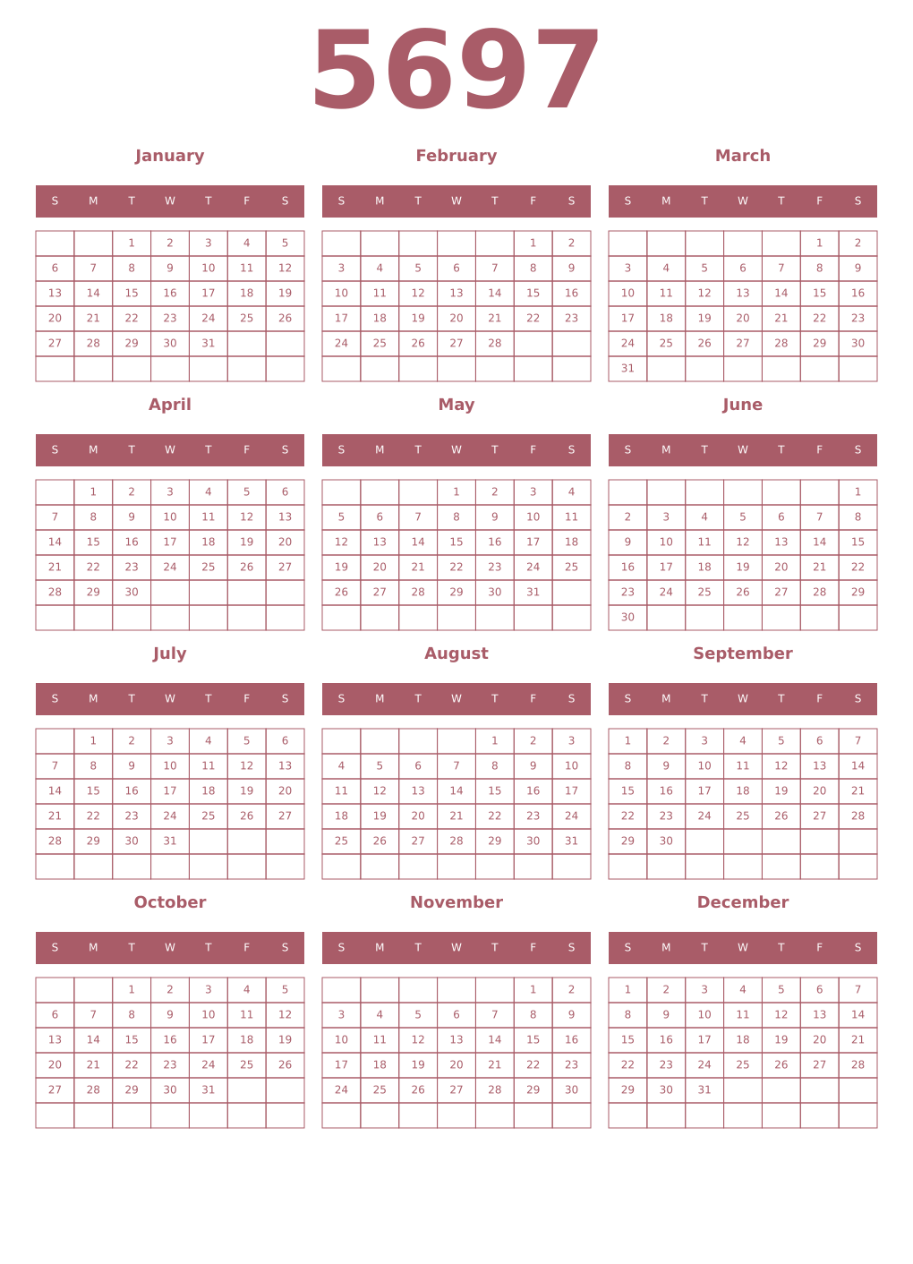 Printable 5697 Year Calendars puce