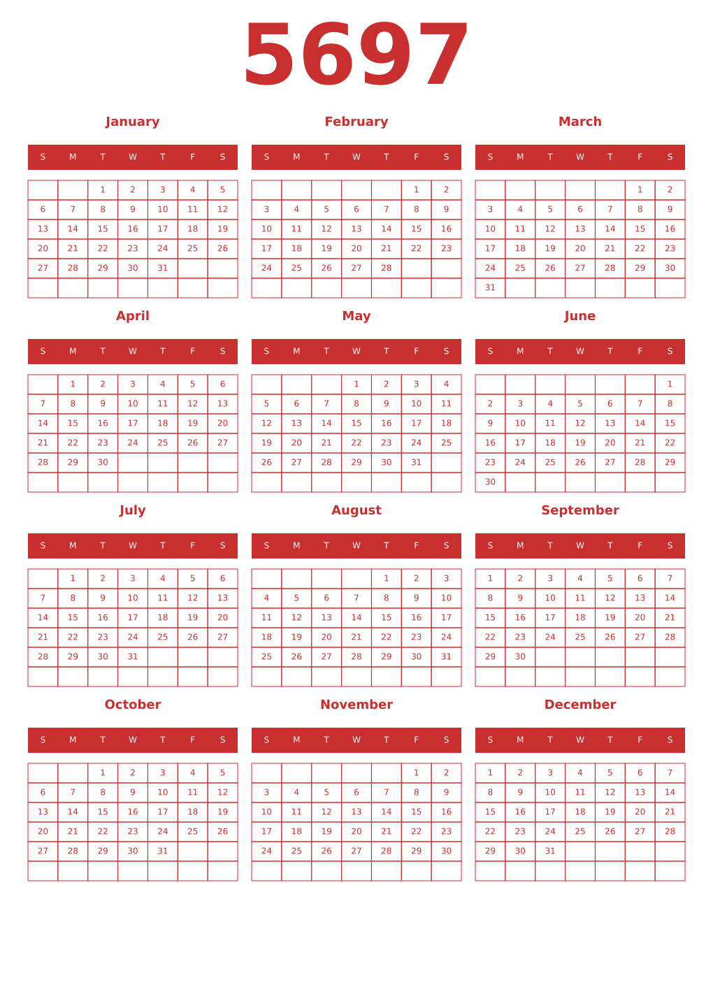 Printable 5697 Year Calendars red