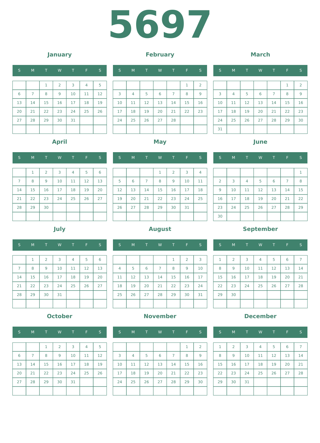 Printable 5697 Year Calendars viridian