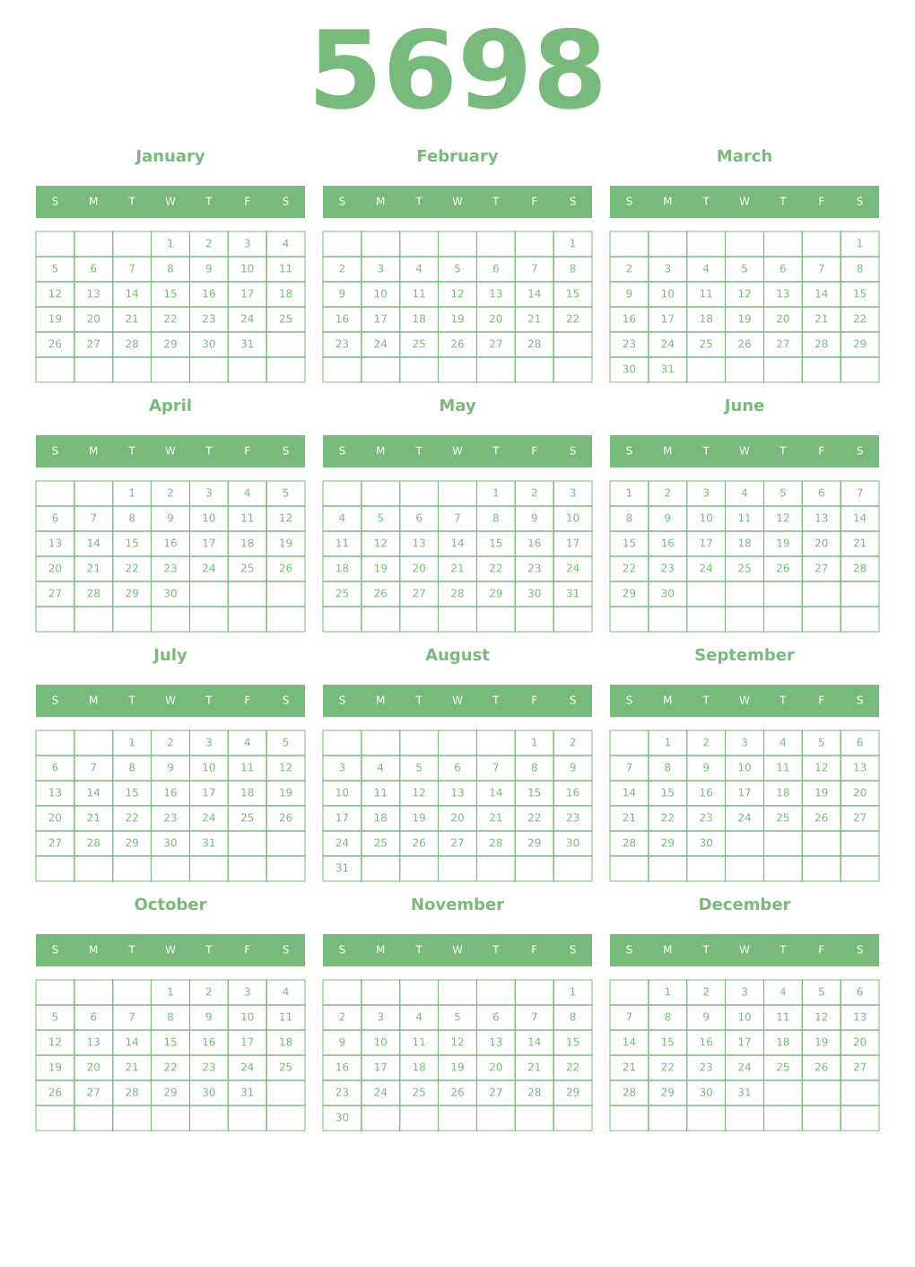 Printable 5698 Year Calendars celadon