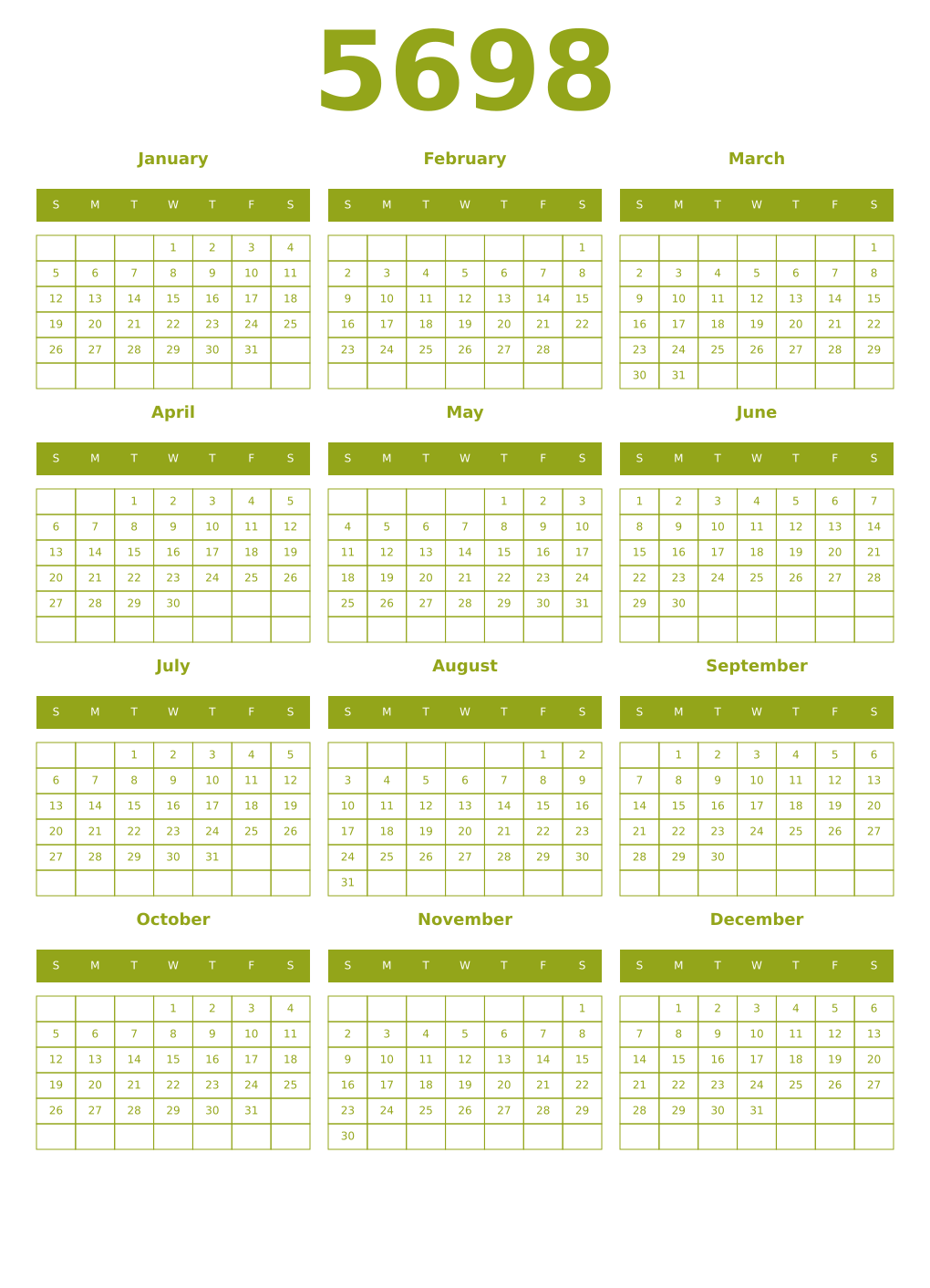 Printable 5698 Year Calendars chartreuse